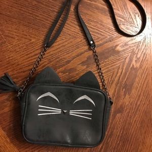 Adorable Dark Charcoal Grey Kitty Whiskers Eyes & Ears Chain Strap Crossbody bag